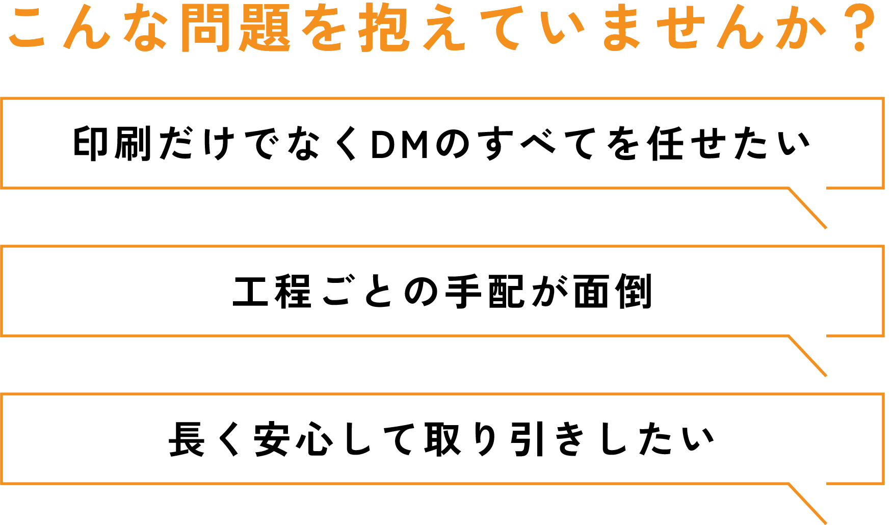 こんな課題を抱えていませんか？印刷だけでなくDMのすべてを任せたい、工程ごとの手配が面倒、長く安心して取り引きしたい