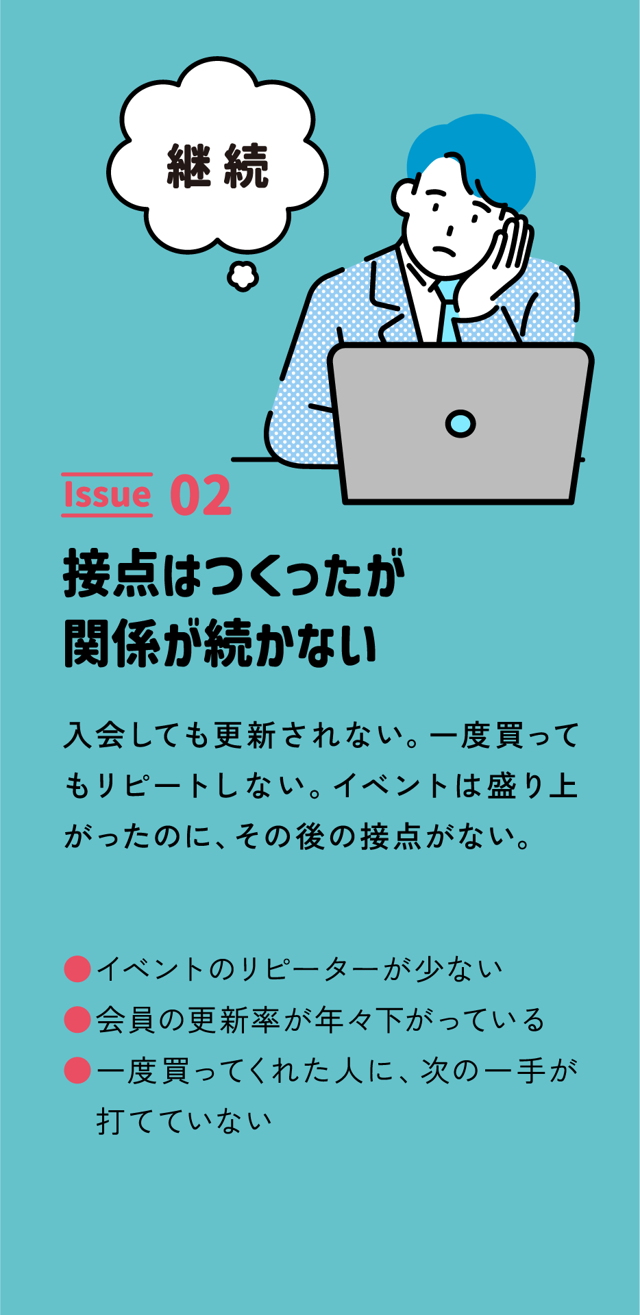 02 関係構築フェーズ 接点はつくったが関係が続かない イベント参加後の離脱が多い 継続的なコミュニケーションがない リピーター・会員が増えない
