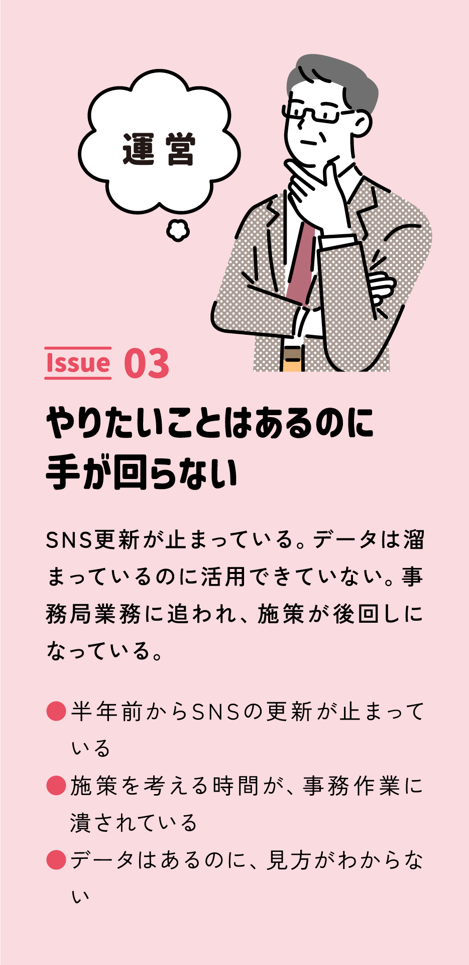 03 運営フェーズ やりたいことはあるのに手が回らない 人手不足で施策が実行されない データはあるが活用できていない 業務が属人化してしまっている
